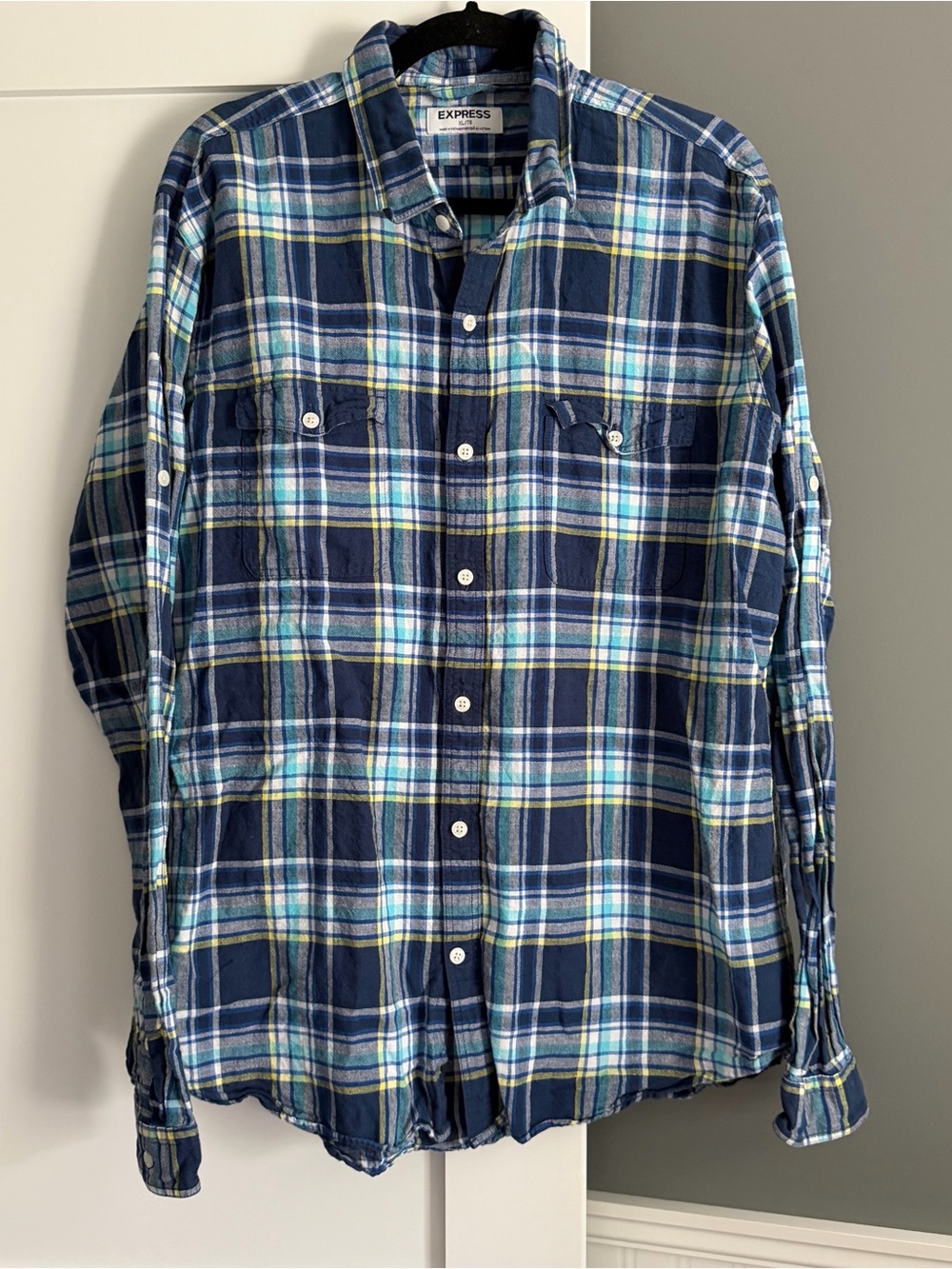 Express Roll Sleeve Button Down Shirt Blue Plaid